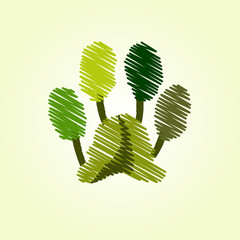 Vector logo design of park or forest looks like paw of dog. Trees and path. Green colour. Sketch style.