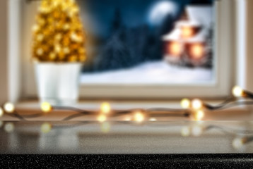Christmas window sill with wooden desk of free space for your decoration. 