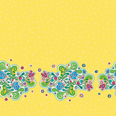 Seamless vector folk art floral retro border with hand painted water color florals on yellow dotted background. Colorful and cheerful design for birthday, wedding, mothers day and easter.