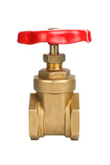 Brass gate valve with red adjusting wheel isolated on white