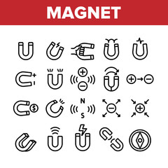 Magnet Power Collection Elements Icons Set Vector Thin Line. Negative And Positive, Magnetic Power, Steel Magnet And Compass Concept Linear Pictograms. Monochrome Contour Illustrations