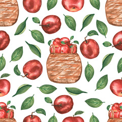 Watercolor hand drawn seamless pattern with  apple flowers, leaves and red apples. beauttiful modern background.