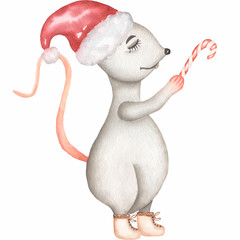 Little  Grey Mouse in a  red christmas hat and boots with Christmas candy. Cute cartoon Christmas animal rat or mouse. Watercolor illustration. Christmas and New Year card.