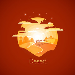 Sahara desert landscape.Walking camel caravan. Negative space illustration