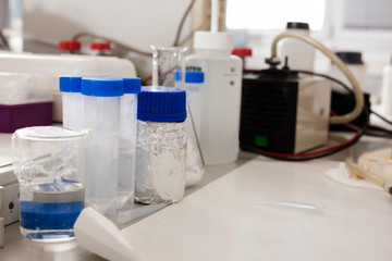 flasks, test tubes in chemical laboratory