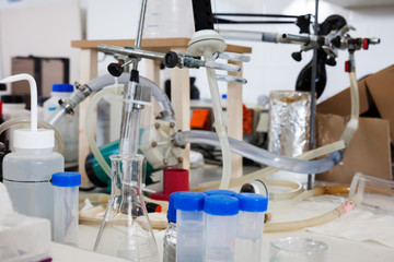 flasks, test tubes in chemical laboratory