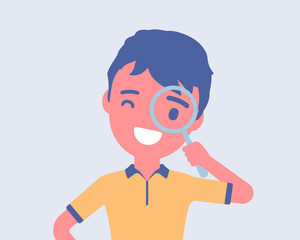 Boy with magnifying glass. Schoolboy looking through hand lens, searching focus, data or information, scientific research, safe kids internet browsing and study. Vector flat style cartoon illustration