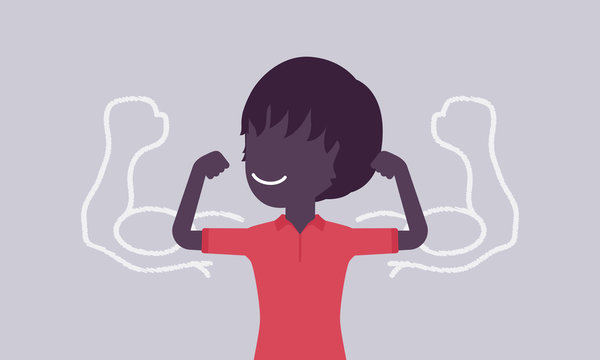 Strong boy showing off biceps. Schoolboy athlete trying to impress with muscles, kid enjoys sport and healthy lifestyle to grow in great physical power. Vector illustration with faceless character