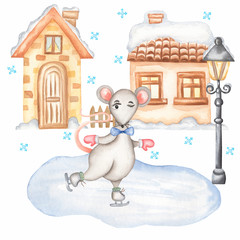 Cute cartoon christmas rat mouse christmas card with houses ,lantern and rat on the rink in skate . Watercolor hand drawn animal illustration. New Year 2020 holiday drawing. Cartoon cute composition