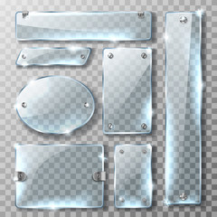 Glass banner or plate with metal mount and bolts, set of realistic vector illustrations. Blank blue acrylic glass panel with fastener, reflection and shiny glow isolated on transparent background