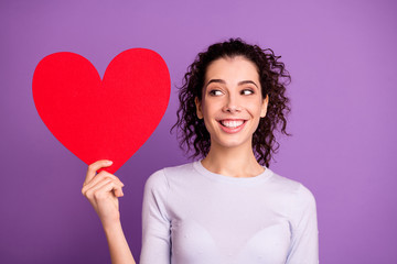 Photo of cheerful wavy nice charming sweet girlfriend smiling toothily holding red shape heart guessing who she received it from isolated over violet pastel color background