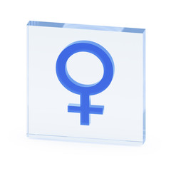 Fototapeta premium Clear transparent glass or plexiglass display with luminous gender female symbol Venus inside on white background, 3D rendered image