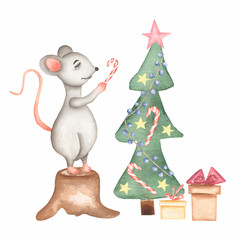 Cute cartoon christmas rat mouse christmas card with christmas tree,boxes of gifts . Watercolor hand drawn animal illustration. New Year 2020 holiday drawing. Cartoon cute composition