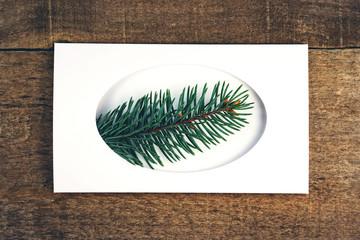 closeup fir branches in white frame on wooden rustic background