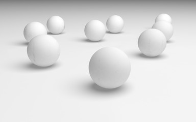 White abstract background. Set of white balls isolated on white backdrop. 3D illustration