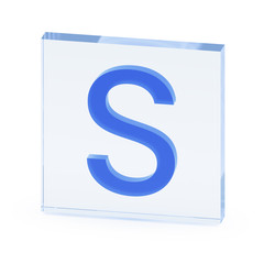 Clear transparent glass or plexiglass display with color capital letter S inside on white background, 3D rendered image