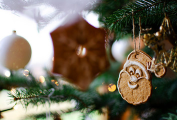 christmas decoration on tree . Handmade christmas cookies hanging on the green fir. Santa Claus.