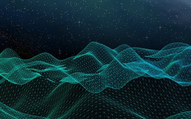 Abstract landscape on a dark background. Cyberspace grid. hi tech network. Outer space. Starry outer space texture. 3D illustration