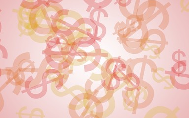 Multicolored translucent dollar signs on white background. Red tones. 3D illustration