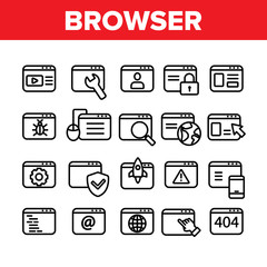 Browser Internet Web Site Pages Icons Set Vector Thin Line. Browser Collection With Rocket And Shield, Magnifier And Padlock Mark Concept Linear Pictograms. Monochrome Contour Illustrations