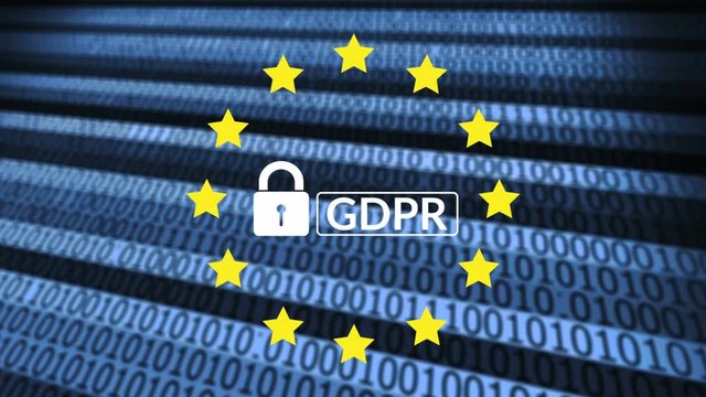 4K. text GDPR or General Data Protection Regulation secure , star and padlock logo with binary numeral system running at background. cyber security and privacy concept.