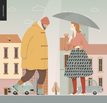 Rain -walking people -modern flat vector concept illustration of people with umbrella, walking or standing in the rain in the street, city houses and cars.