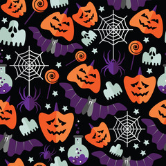 Halloween seamless pattern with flat icons on a black background. Vector illustration.