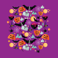 Cute vector set with Halloween illustrations. Vector flat icons on a purple background.