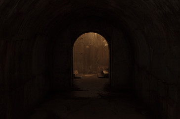 Obraz premium The door leading to the exit from the dark dungeon.