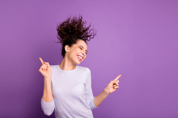 Portrait of her she nice attractive lovely winsome pretty dreamy cheerful cheery wavy-haired girl having fun dancing chill out isolated over violet lilac purple pastel color background
