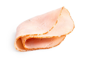 A folded single slice of chicken ham isolated on white.
