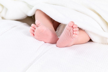 Selective focus 0-1 month newborn bare feet with tiny finger wrap by blanket or scarf