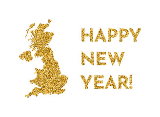 Vector isolated illustration with simplified United Kingdom of Great Britain and Northern Ireland map. Shiny gold glitter texture. New Year decoration template. White background
