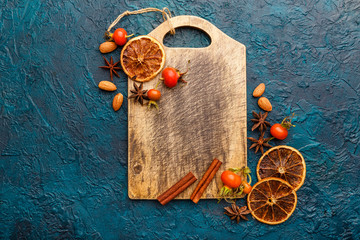 Christmas still life on wooden background.