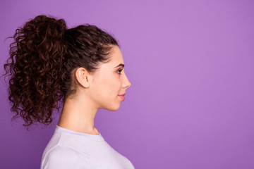 Close-up profile side view portrait of her she nice attractive calm peaceful wavy-haired girl...