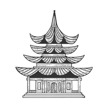 Japanese temple Pagoda house sketch engraving vector illustration. Tee shirt apparel print design. Scratch board style imitation. Black and white hand drawn image.