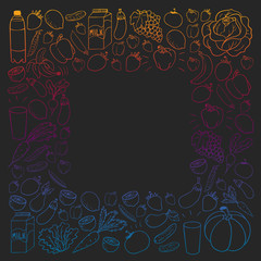 Vector pattern with healthy food. Fruits and vegetables. Milk, dairy products. Pattern for store, mall, menu, cafe, restaurants.