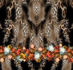Fototapeta na wymiar Leopard Pattern. Leopar Print. Leopard Texture. Leopard background. Floral Leopard.Floral print.Animal Skin For Textile Print, Wallpaper.Gometric And Ethnic Animal Texture Art Abstract Background