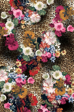 Leopard Pattern. Leopar Print. Leopard Texture. Leopard background. Floral Leopard.Floral print.Animal Skin For Textile Print, Wallpaper.Gometric And Ethnic Animal Texture Art Abstract  Background