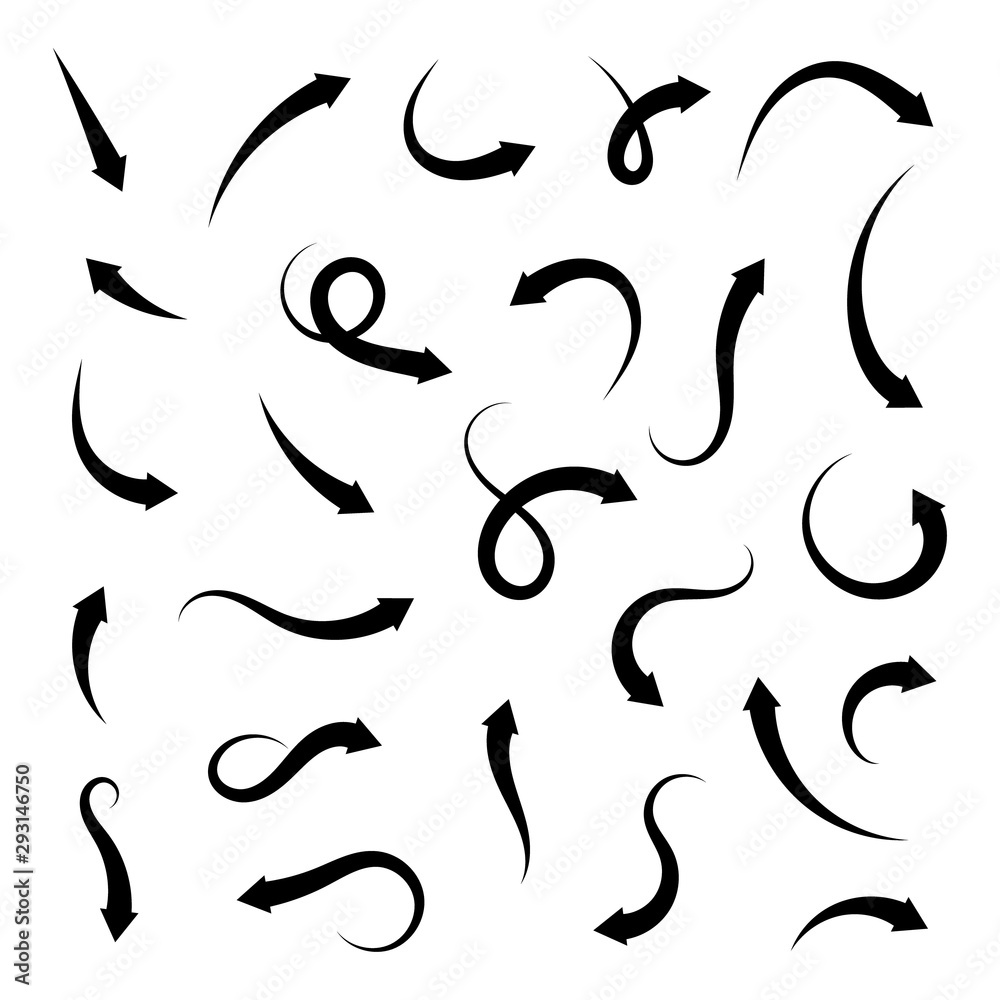 Poster Collection arrows isolated on white background, vector black and white symbols. Different curved arrows icon set for concept design. Vector flat elements.