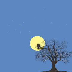 tree and owl on background of full yellow moon and night sky