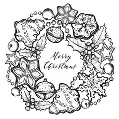 Merry Christmas. Vector illustration,ginger biscuits,mistletoe, garlands, bells,wreath,prints on T-shirts,background white, handmade,card for you
