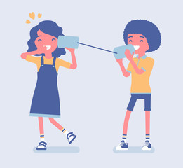 Boy and girl speaking by tin can telephone. Two friends playing in string phone, love expression for girlfriend, romantic talk, loving relationship on dating. Vector flat style cartoon illustration
