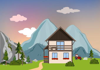 Fototapeta na wymiar Mountain landscape with house and trees. Summer morning or evening background. Vector illustration.