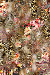 Leopard Pattern. Leopar Print. Leopard Texture. Leopard background. Floral Leopard.Floral print.Animal Skin For Textile Print, Wallpaper.Gometric And Ethnic Animal Texture Art Abstract  Background - 293147979
