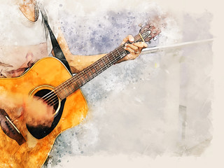 Abstract colorful shape on acoustic Guitar in the foreground on Watercolor painting background and Digital illustration brush to art.