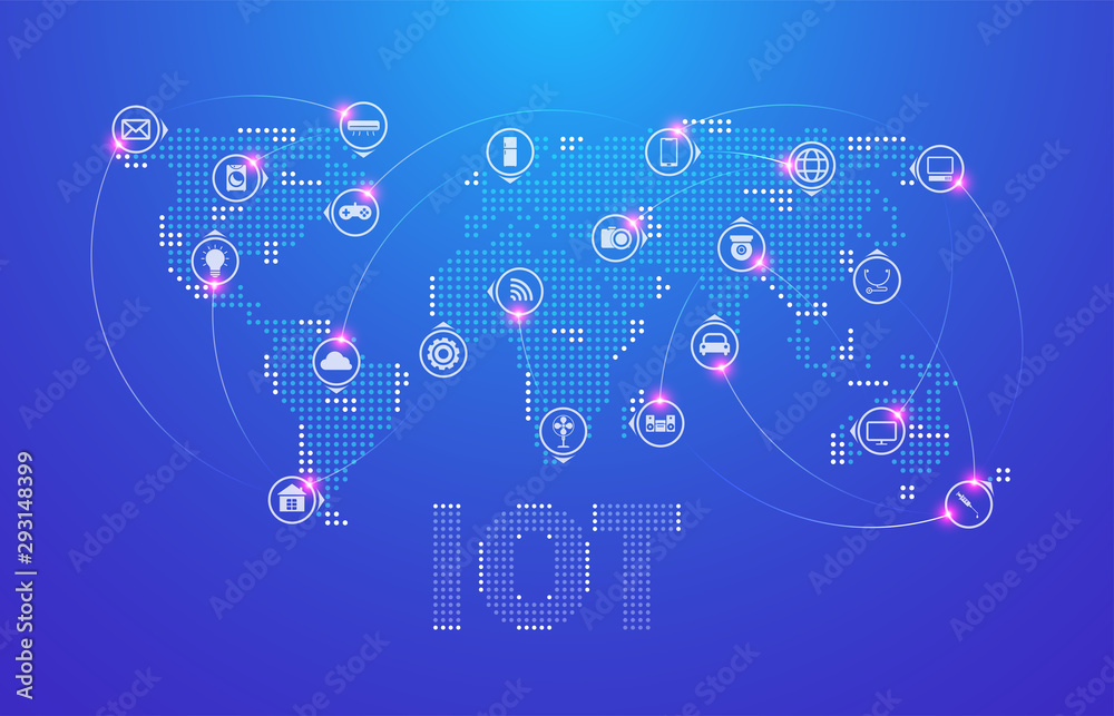 Poster (iot) internet of things and network connection. appliances icon interconnected with the world map c
