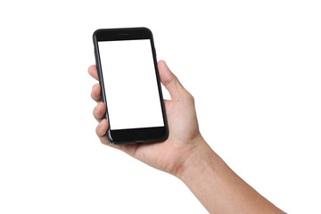Hand man holding mobile smartphone with blank screen isolated on white background with clipping path