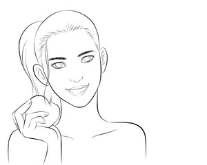 healthy girl show fresh apple. strong healthy beautiful woman with action fit and firm posing healhty diet ideas concept. vector illustration isolated cartoon hand drawn line art