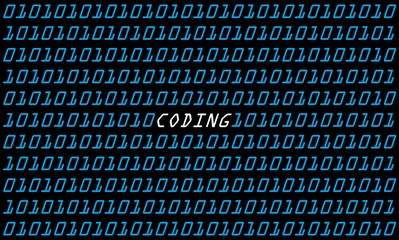 The binary code number on black background and a word of CODING in white color. Concept of data, digital, code, computer, system and etc.